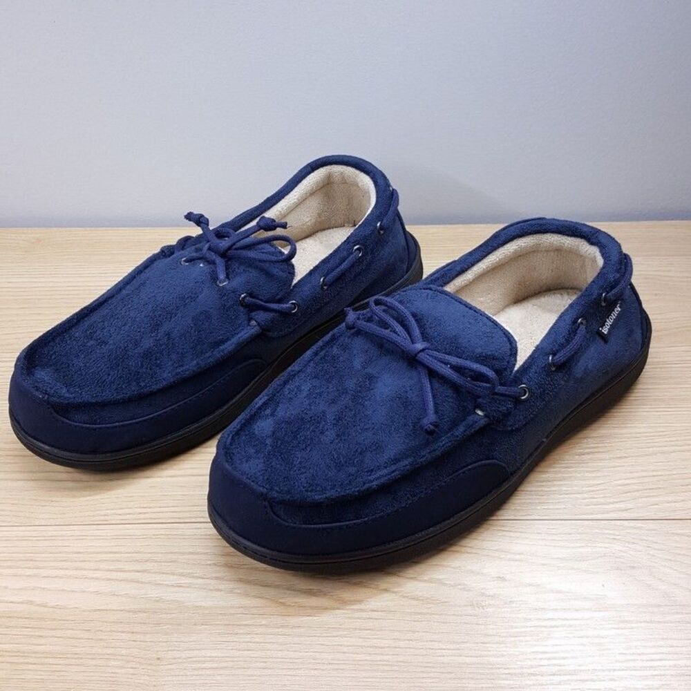 ISOTONER Slippers Mens Size 9.5 10.5 Navy Slip On Plush Lined Gel Memory Foam